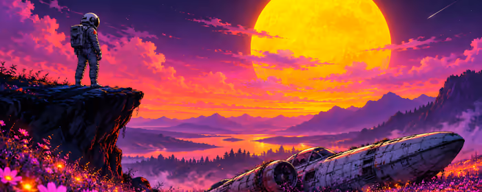Космонавты в космосе обои для UltraWide мониторов 32:9 (3840x1080): космонавт, космический корабль, планета, красочный закат