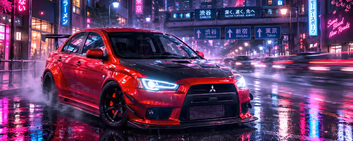 UltraWide 21:9 AI generated wallpapers (2560x1080): Mitsubishi Lancer Evolution, Tokyo, night, rain