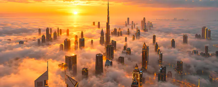 UltraWide 21:9 AI generated wallpapers (2560x1080): Dubai, Burj Khalifa, fog, sunrise