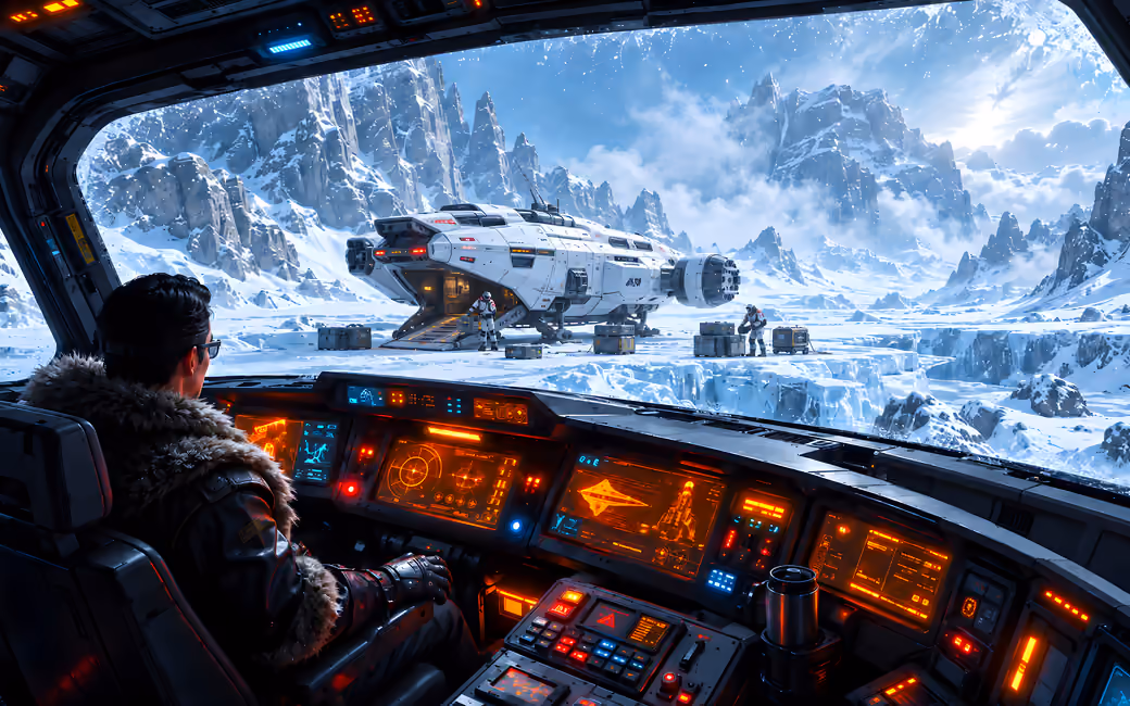 Spaceship pilot on a winter planet — desktop and phone wallpaper, free download