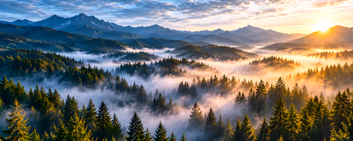 UltraWide 21:9 обои (3440x1440): закат, горы, лес, туман