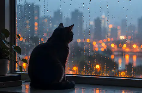 8K обои боке (7680x4320): кошка, окно, дождь, огни города