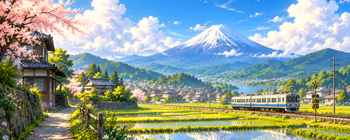 UltraWide 32:9 обои весна (3840x1080): Япония, Фудзи, поезд, вишневые цветы