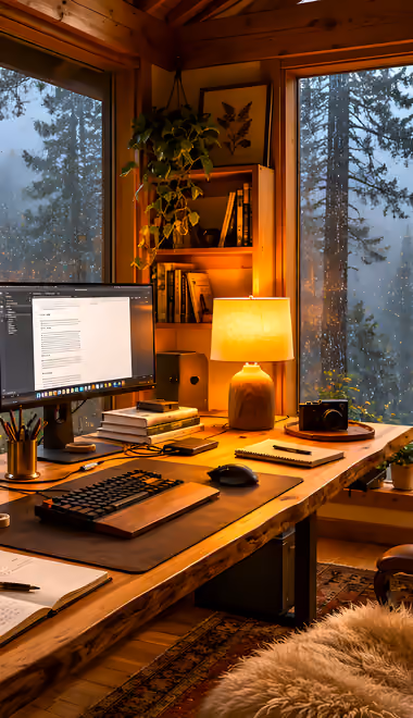 Interior design wallpapers: cabin, workspace, mountains, forest