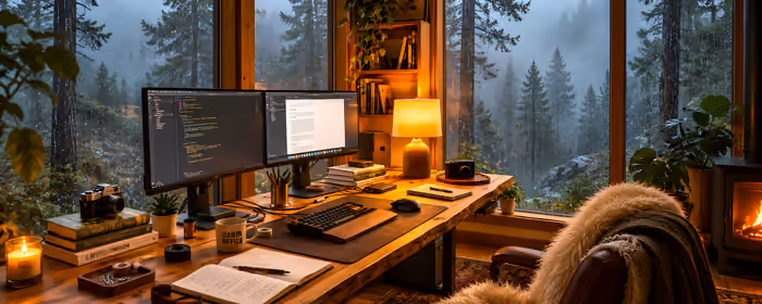 UltraWide 21:9 Room wallpapers (3440x1440): cabin, workspace, mountains, forest