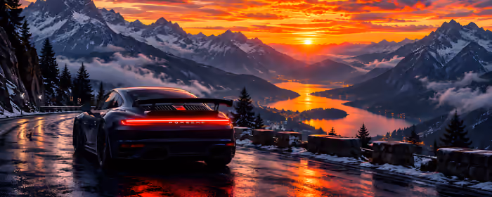 5K2K UltraWide 21:9 обои производительность (5120x2160): Porsche 911 Turbo S, Альпы, красочный закат, снег