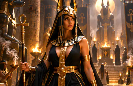 Statue Laptop Wallpapers for WXGA (1366x768): Anubis, priestess, Ancient Egypt, temple