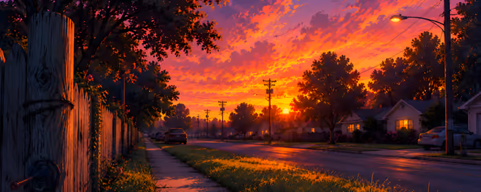 UltraWide 32:9 обои дом (5120x1440): красочный закат, улица, дом, небо