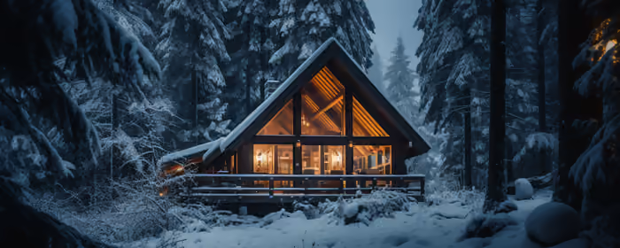 UltraWide 32:9 Window wallpapers (5120x1440): winter, cabin, snow, forest