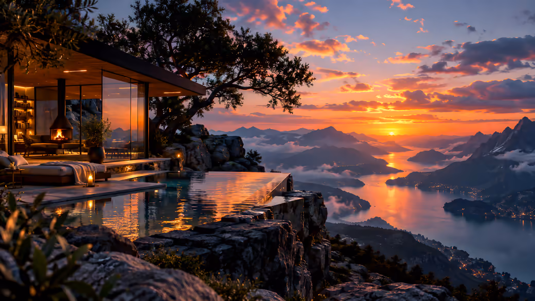 Luxury villa with pool on a high mountain — desktop and phone wallpaper, free download