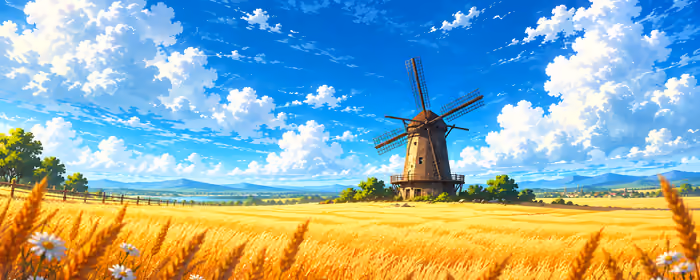 UltraWide 32:9 Field wallpapers (3840x1080): summer, windmill, wheat, clouds