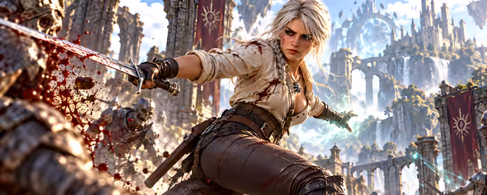 UltraWide 32:9 обои средневековье (3840x1080): Цири, The Witcher, битва, меч