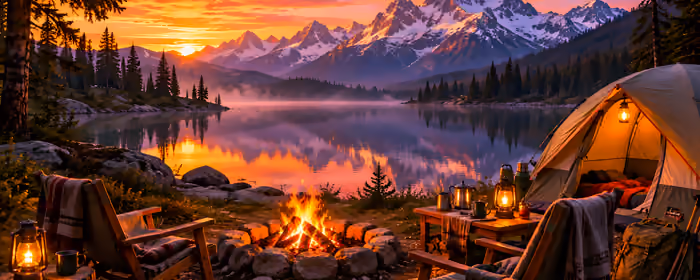 UltraWide 32:9 обои стол (3840x1080): кемпинг, озеро, горы, красочный закат