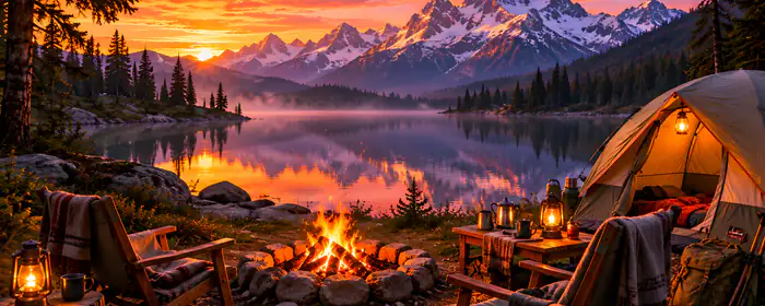 UltraWide 21:9 AI generated wallpapers (3440x1440): camp, lake, mountains, colorful sunset