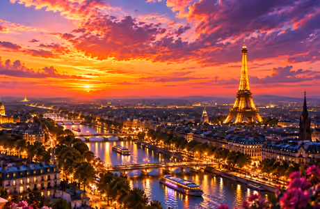Architecture Wallpapers for Apple iPad 1 (1024x1024): Eiffel Tower, Paris, colorful sunset, river