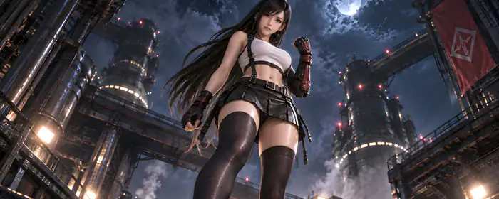 UltraWide 21:9 AI generated wallpapers (3440x1440): Tifa Lockhart, Final Fantasy, factory, Moon