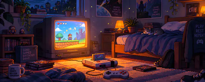 Interior design wallpapers: pixelart, bedroom, cat, console