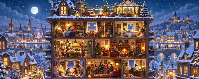 Illustrations wallpapers: apartment building, snow, window, night