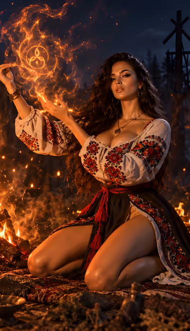 Fantasy wallpapers: slavic style, woman, demon, campfire
