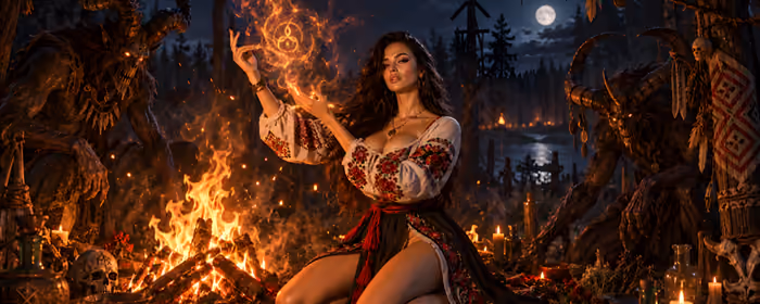 UltraWide 32:9 Moon wallpapers (3840x1080): slavic style, woman, demon, campfire