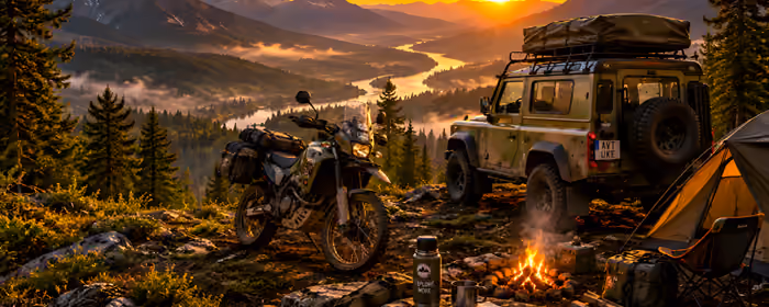UltraWide 32:9 Stones wallpapers (3840x1080): Land Rover Defender, motorcycle, mountains, campfire