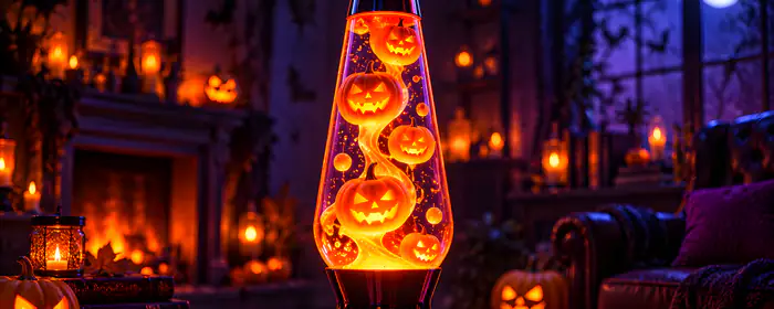 5K2K UltraWide 21:9 Bokeh wallpapers (5120x2160): lava lamp, jack-o-lantern, fireplace, living room