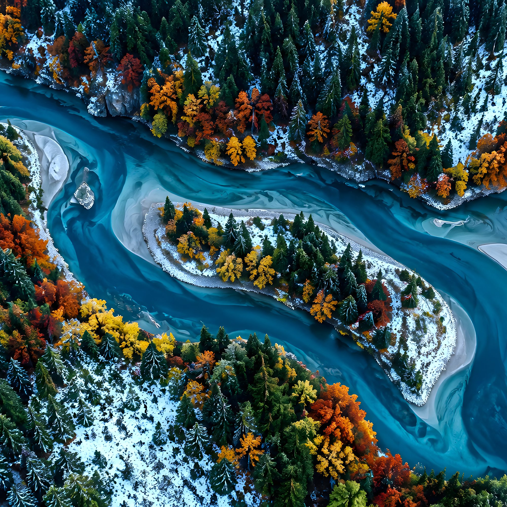Winter River Through Snowy Forest - Wallpapers for Samsung/Xiaomi in 2000x2000 resolution