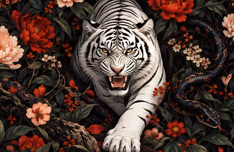 AI generated Wallpapers for Apple MacBook 14.2″ (3024x1964): white tiger, snake, peonies, leaves