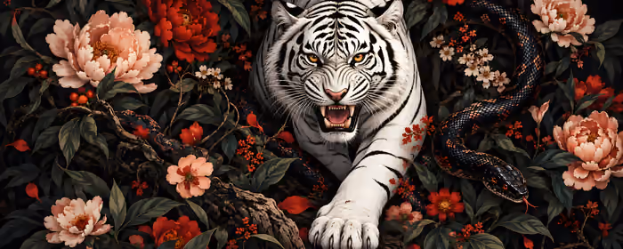 UltraWide 32:9 Animals wallpapers (5120x1440): white tiger, snake, peonies, leaves