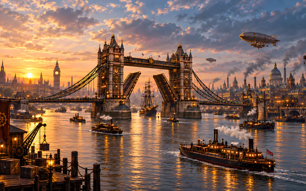 London and Tower Bridge in Steampunk Style — desktop and phone wallpaper, free download