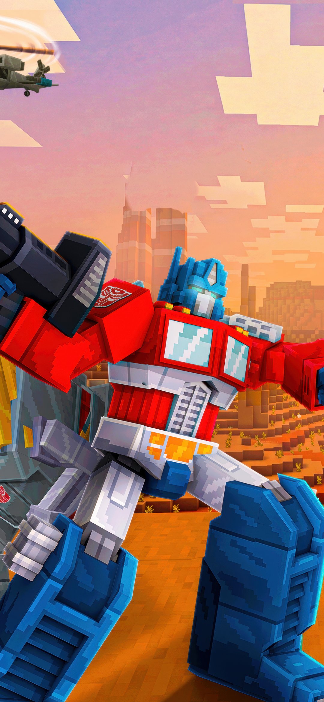Transformers Minecraft Battle - Wallpapers for iPhone 12 mini/13 mini, Samsung Galaxy S24/S24 FE/S25/S25 FE/S26/A55/A56/A35/A26/A16/M15, Xiaomi, Sony Xperia in 1080x2340 resolution