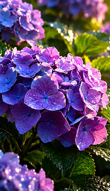 Wallpapers for Samsung, HTC, Sony (540x960): hydrangea, sunrise, garden, drops