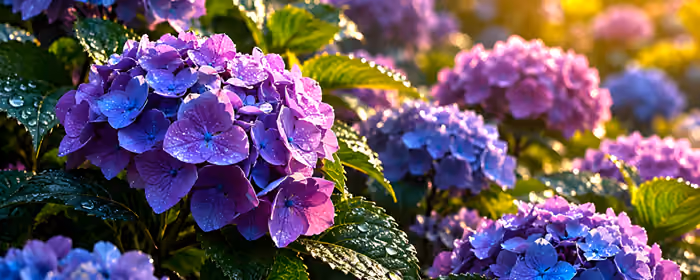 5K2K UltraWide 21:9 Sunrise wallpapers (5120x2160): hydrangea, sunrise, garden, drops