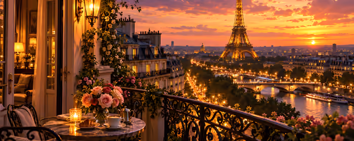 UltraWide 21:9 Romance wallpapers (2560x1080): Eiffel Tower, Paris, dinner, colorful sunset