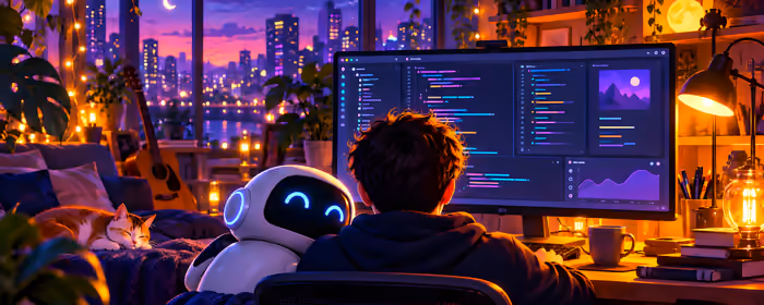 UltraWide 21:9 обои программист (2560x1080): программист, робот, код, полумесяц