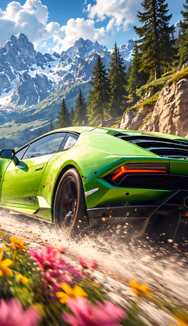 Field Wallpapers for iPhone 4/4S (640x960): Lamborghini Huracán, mountains, road, river