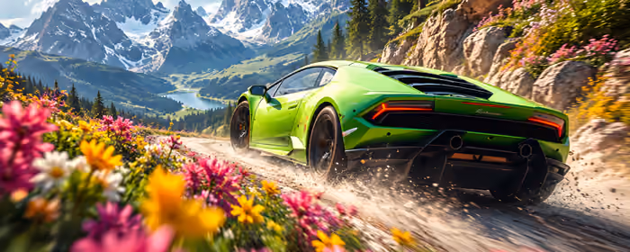 Dual Monitor Wallpapers (7680x2160): Lamborghini Huracán, mountains, road, river