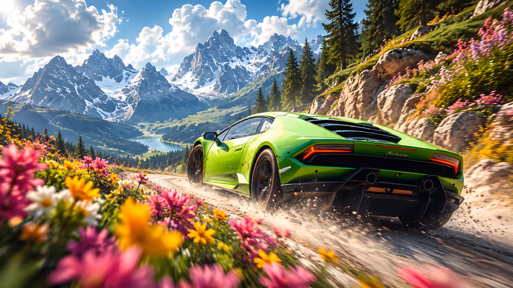 Зелёный Lamborghini Huracán в горах - WSVGA обои в разрешении 1024x600