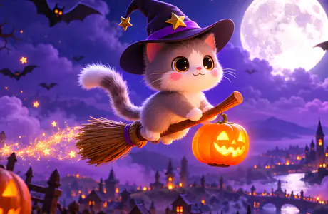 Celebrations wallpapers: kitten, wizard, broomstick, Moon