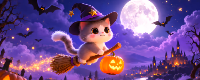 UltraWide 32:9 Moon wallpapers (3840x1080): kitten, wizard, broomstick, Moon