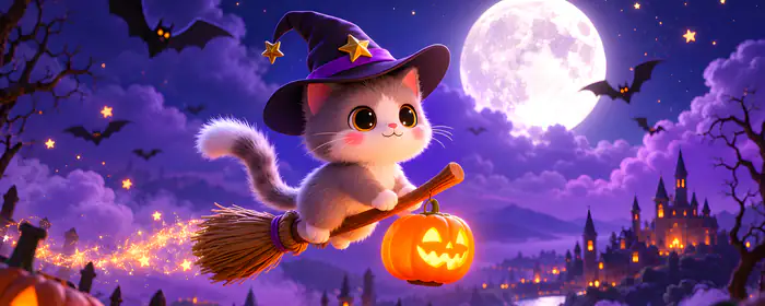 UltraWide 21:9 Celebrations wallpapers (2560x1080): kitten, wizard, broomstick, Moon