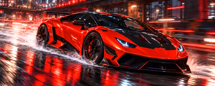 UltraWide 32:9 обои брызги (3840x1080): Lamborghini Huracán, кастомизация, лужа, ночь