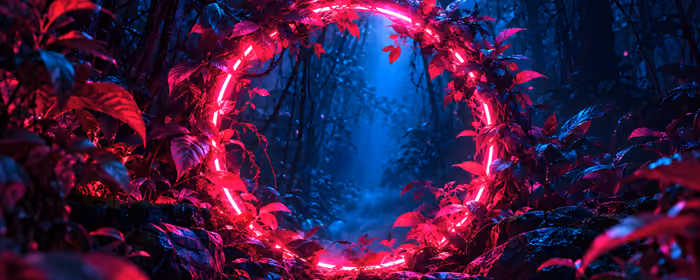 Обои свет для двух мониторов (7680x2160): ночь, лес, кольцо, неон