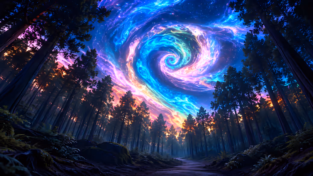Spiral Glow Over the Night Forest — desktop and phone wallpaper, free download