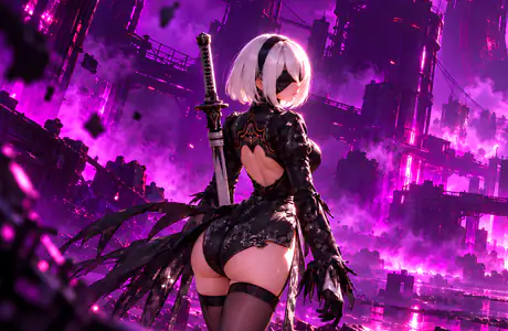 2K Quad HD обои девушки (2560x1440): 2B, Nier: Automata, руины, катана