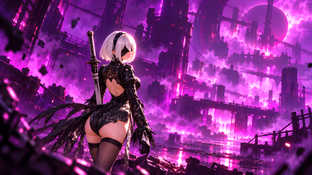 2B Standing Among Ruined Structures - Wallpapers for Samsung, HTC, Sony in 540x960 resolution