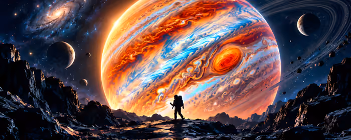 UltraWide 21:9 обои (3440x1440): Юпитер, космонавт, метеорит, камни