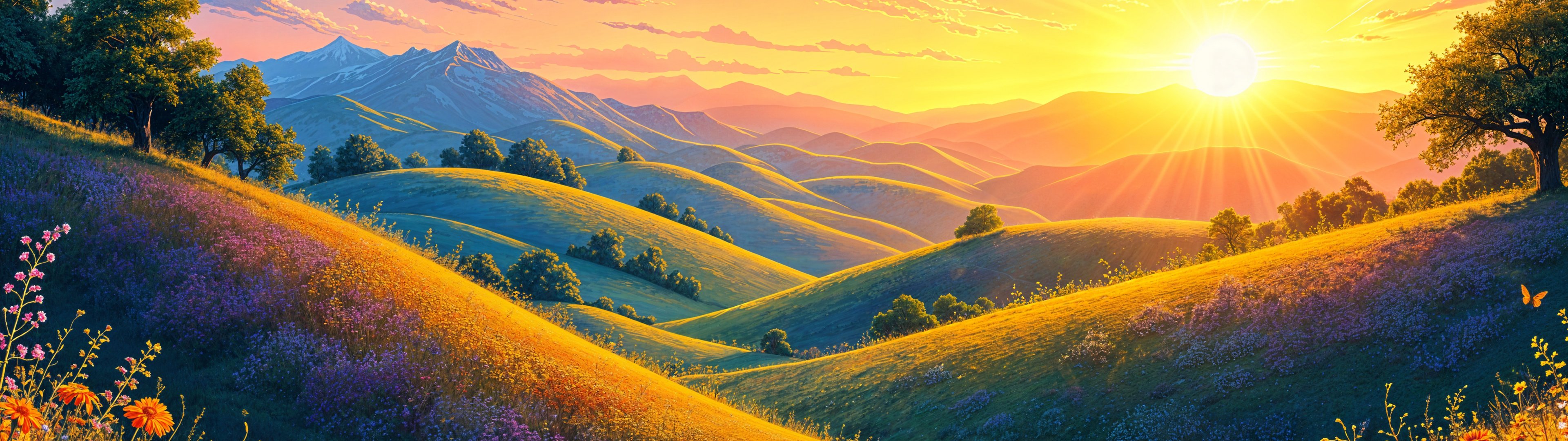 Цветочное поле на закате - UltraWide 32:9 обои в разрешении 3840x1080