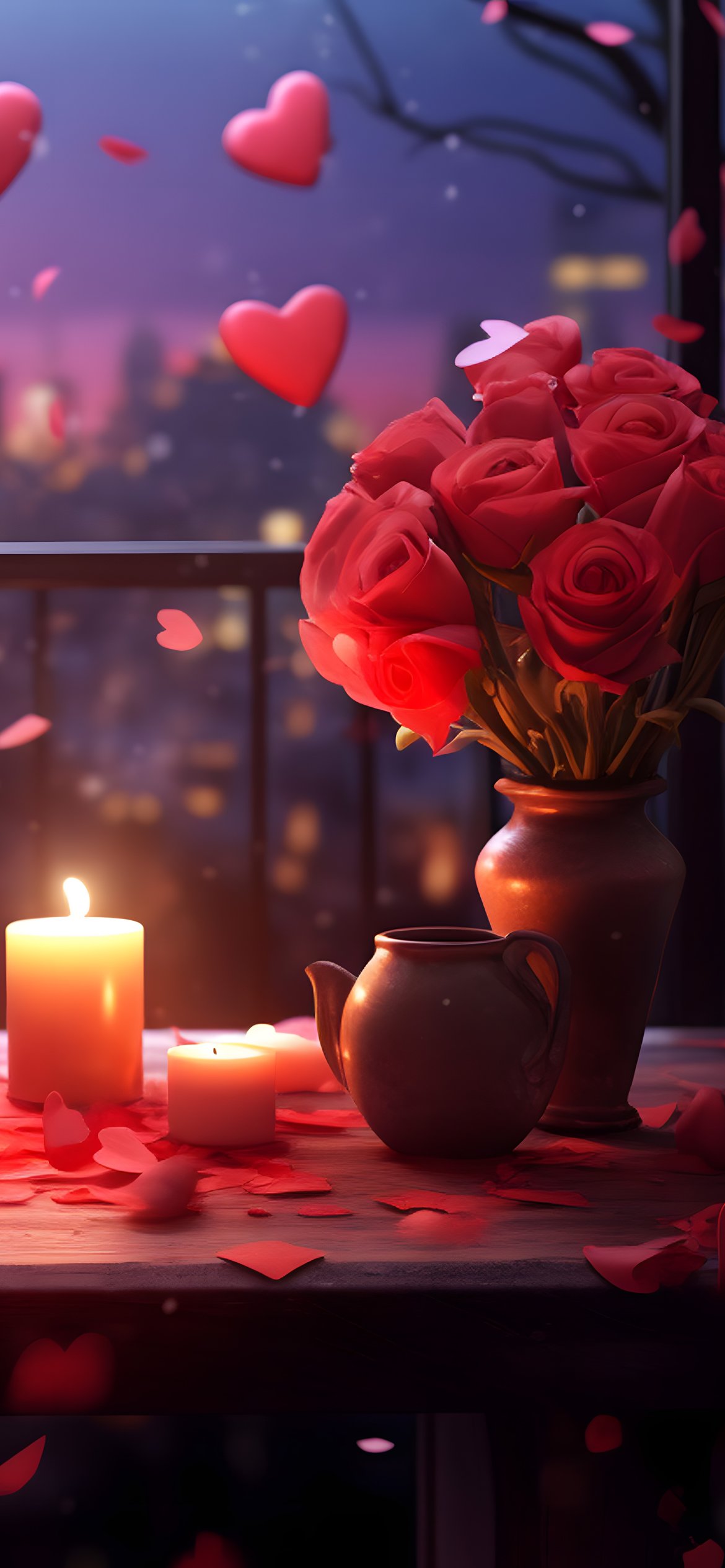 Romantic evening setup with roses and hearts - Wallpapers for iPhone 12 Pro/13 Pro/14 in 1170x2532 resolution