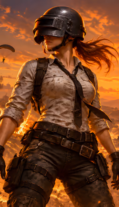 Обои игры: PUBG: Battlegrounds, воительница, шлем, красочный закат
